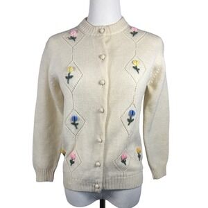 VTG Wool Cardigan Sweater 3D Embroidery Floral Retro Twee Grannycore Small